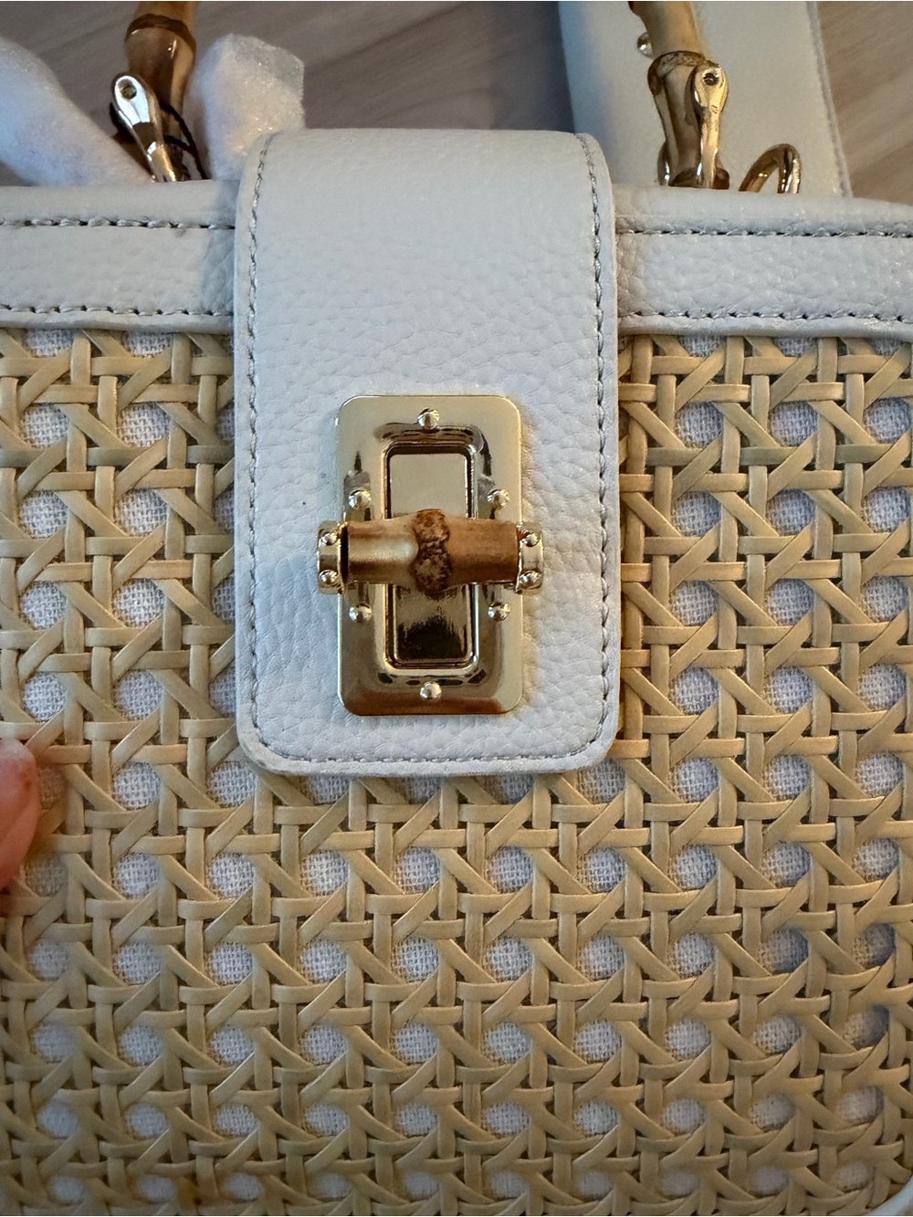 NWT Rachel Zoe Cream Woven Bamboo-Handle Mini Top-Handle Bag - Picture 2 of 5